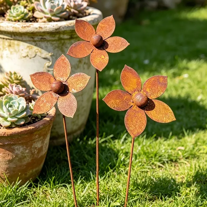 Décoration de jardin en métal rustique avec fleurs en métal rouillé, idéale pour le jardin, la cour, la pelouse, la terrasse et la décoration extérieure.