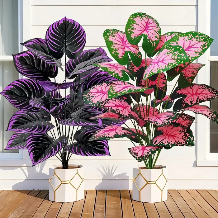 Ensemble de 2 plantes artificielles de Caladium avec feuilles roses violettes