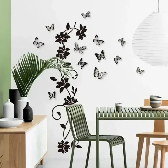 Autocollant mural 3D papillon et fleurs noires