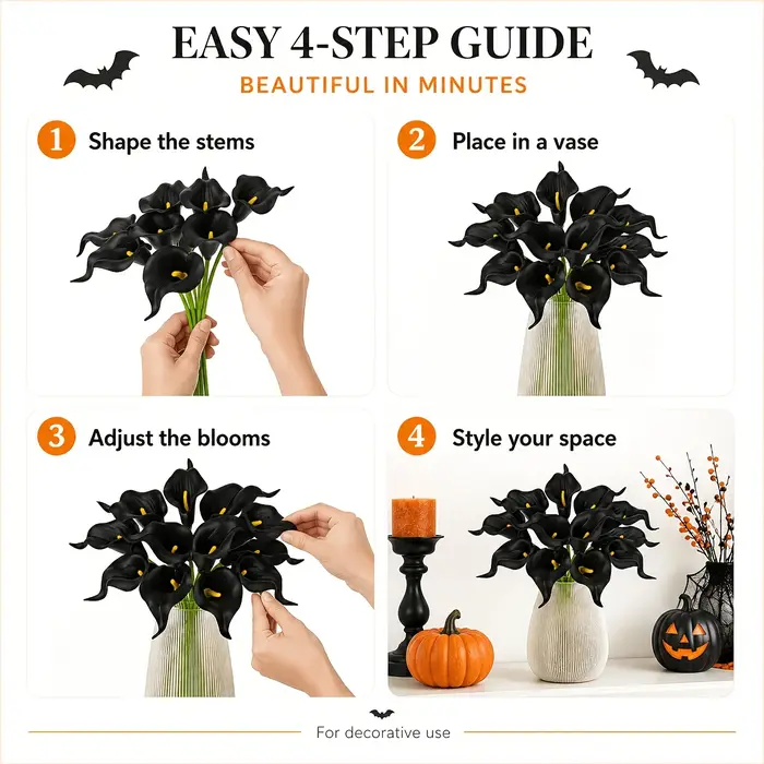 Bouquet de 10 tiges de Zantedeschia artificielles en noir minuit, style gothique sombre, faux lys calla pour Halloween
