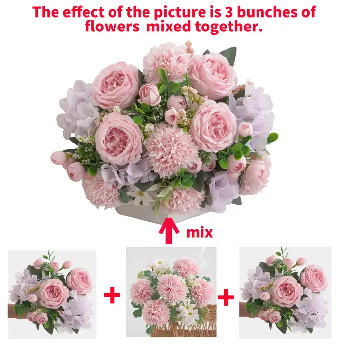 Bouquet d'hortensia et de chrysanthème de pivoine artificielle de 3 bouquets