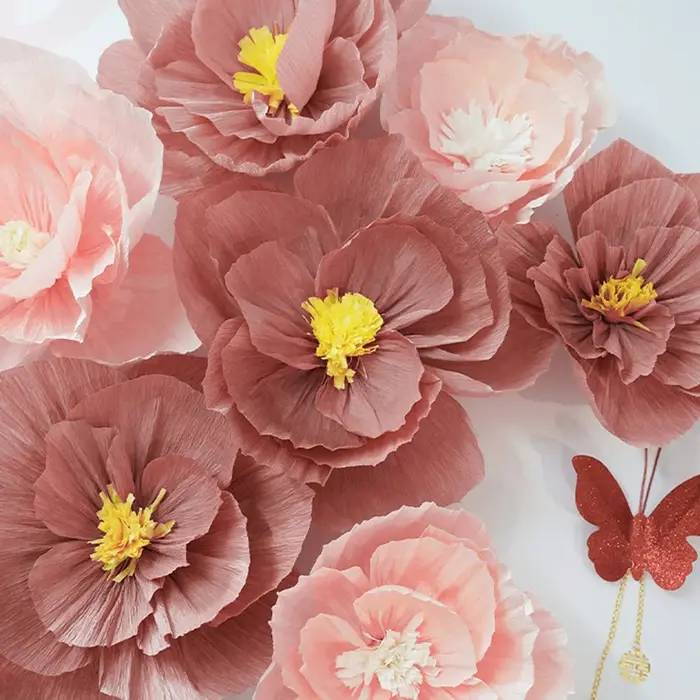 Crêpe papier fleur 3D papier de soie fleurs papillon pour mariage douche nuptiale fête d'anniversaire fond décoration murale fleurs bricolage