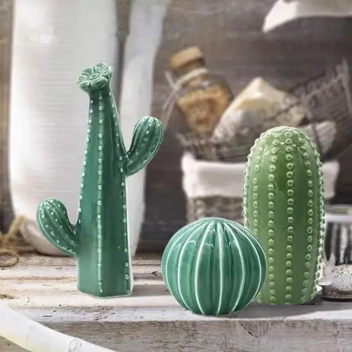 Ornement en céramique vert cactus figue de Barbarie, style minimaliste nordique, artisanat artistique, décoration de bureau, hall d'entrée, salon, décoration intérieure