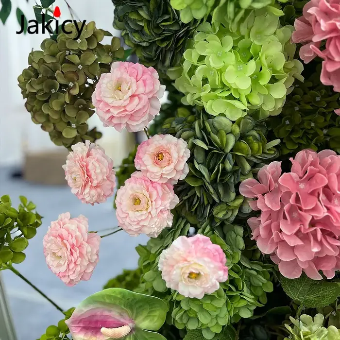 Décoration florale en rangée pour mariage, rose, pivoine, hydrangea vert, rose et blanc, fournitures pour scène d'événement, affichage de fenêtre photo, panneau KT