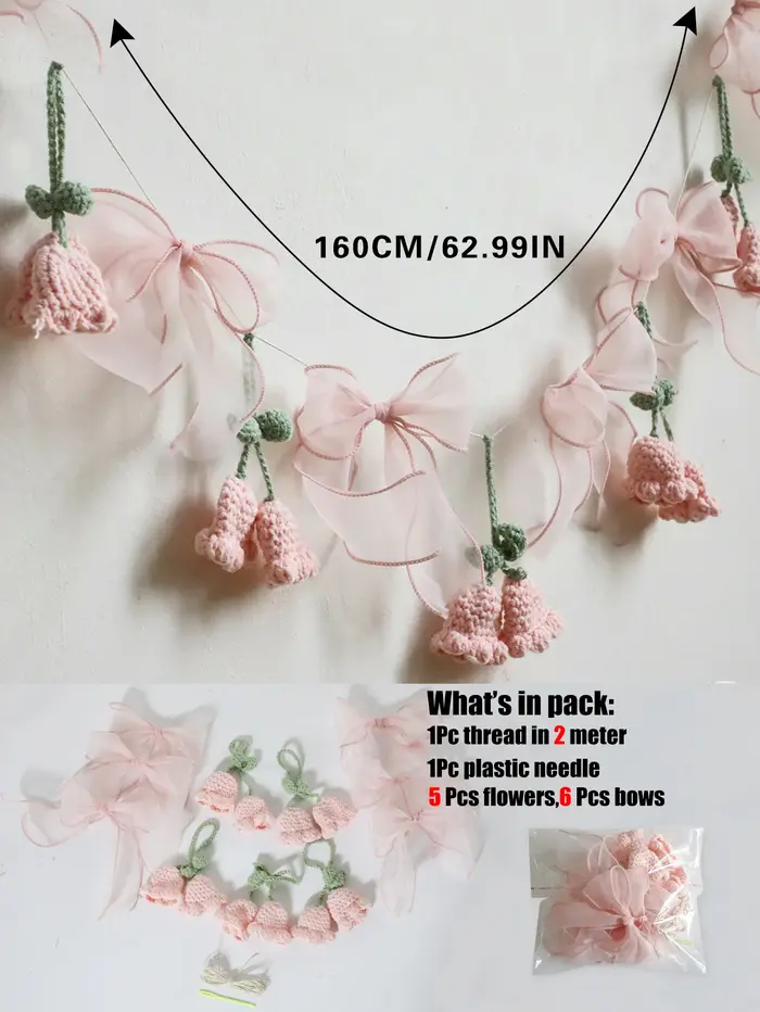 Guirlande de fleurs au crochet faite à la main, bannière florale rose avec nœuds, réception-cadeau p