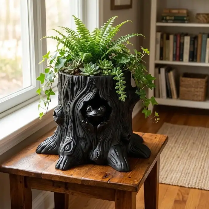 Pot de fleurs décoratif en forme de grenouille, imprimé en 3D, unique, en forme de tronc d'arbre, original, pour bureau.