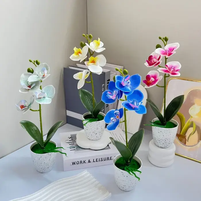 Orchidée Papillon – Ensemble de 4 fleurs en pot – Décoration de salon – Ornement en pot d'orchidée