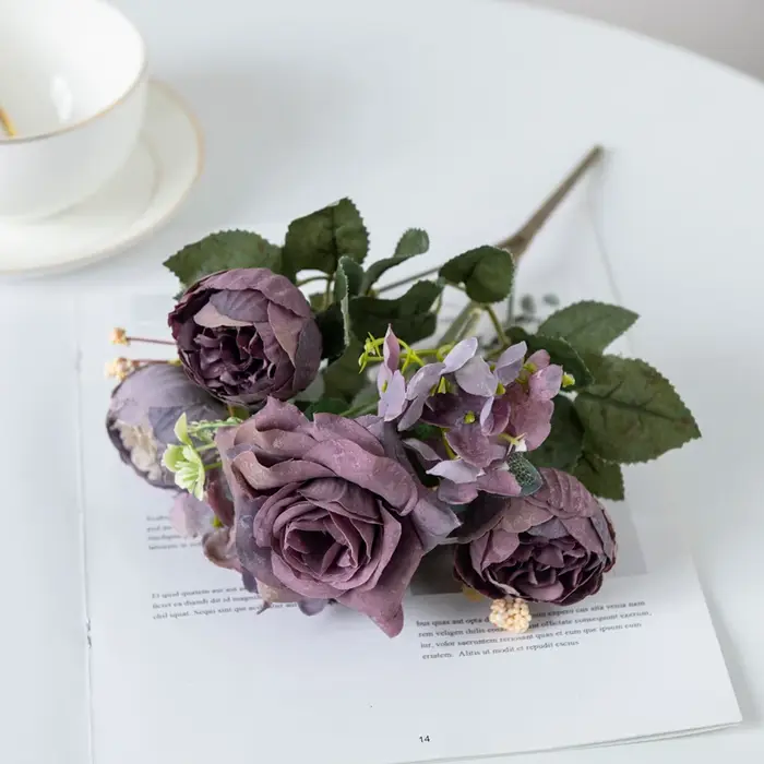 Pas cher En Soie Hortensia Printemps Jardin De Mariage Roses Bouquet De Mariée Festival Décoration Vase Maison Chambre Fausse Pivoine Fleurs Artificielles