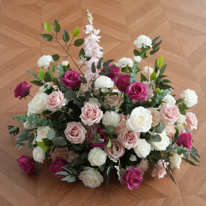 H9094 HMEOT Arche florale artificielle rose vif et feuilles vertes pour décoration de mariage