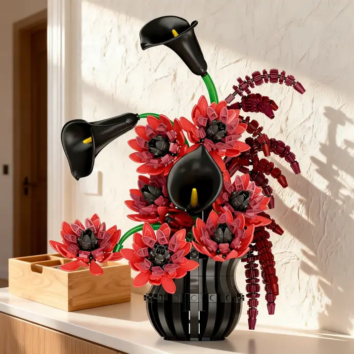 Bouquet de fleurs éternelles à construire avec blocs de construction, 885 pièces, accent romantique pour bureau, cadeau d'anniversaire ou de Saint-Valentin, décoration florale sans eau pour la maison