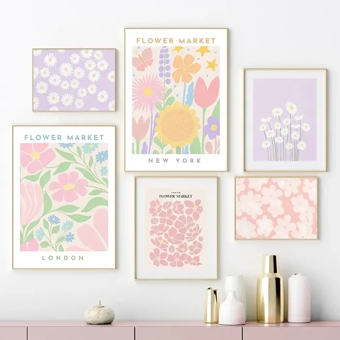 Art mural sur toile de marché aux fleurs colorées et fraîches - Forme de fleur