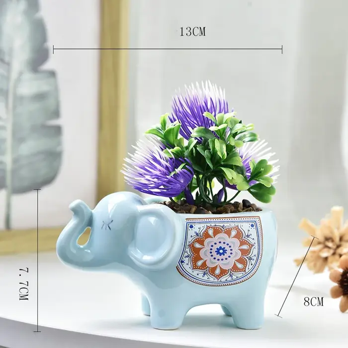 Pot de fleurs créatif en céramique en forme d'éléphant pour plantes succulentes avec trou de drainage