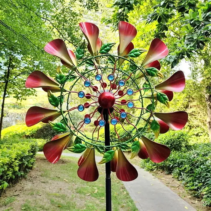 Moulin à vent à fleurs trompette Double face, avec lumière solaire rotative en fer, décor de jardin, Pinwheel extérieur, piquets de paysage, ornements