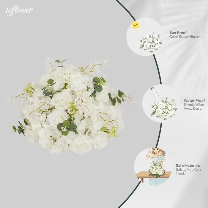 Boule de fleurs artificielles Uflower, roses blanches de luxe, pour décoration de table de mariage, centre de table, scène de fête, accessoires pour la Saint-Valentin