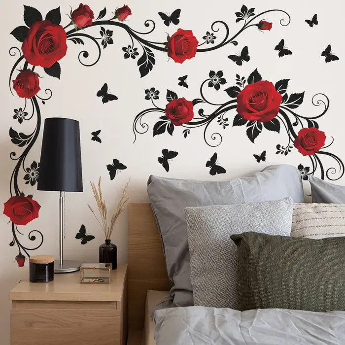 Sticker mural papillon et fleurs rouges