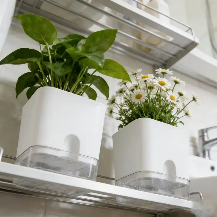 Pot de fleurs auto-arrosant blanc carré à double couche pour plantes d'intérieur et d'extérieur