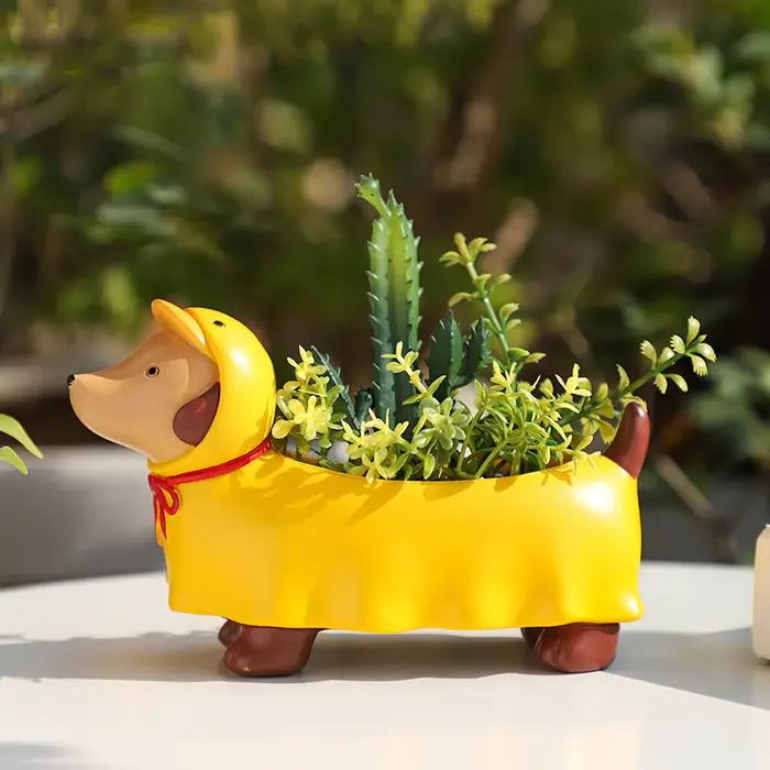 Pot à succulentes en résine en forme de Teckel mignon - Adorable pot de fleurs en forme de chien avec trou de drainage pour plantes d'intérieur, bureau et décoration de la maison