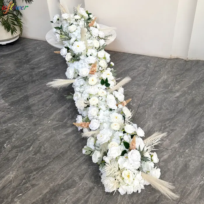 Uflower 100/200 cm blanc Rose vert feuille artificielle longue chemin fleur rangée fleur mur mariage
