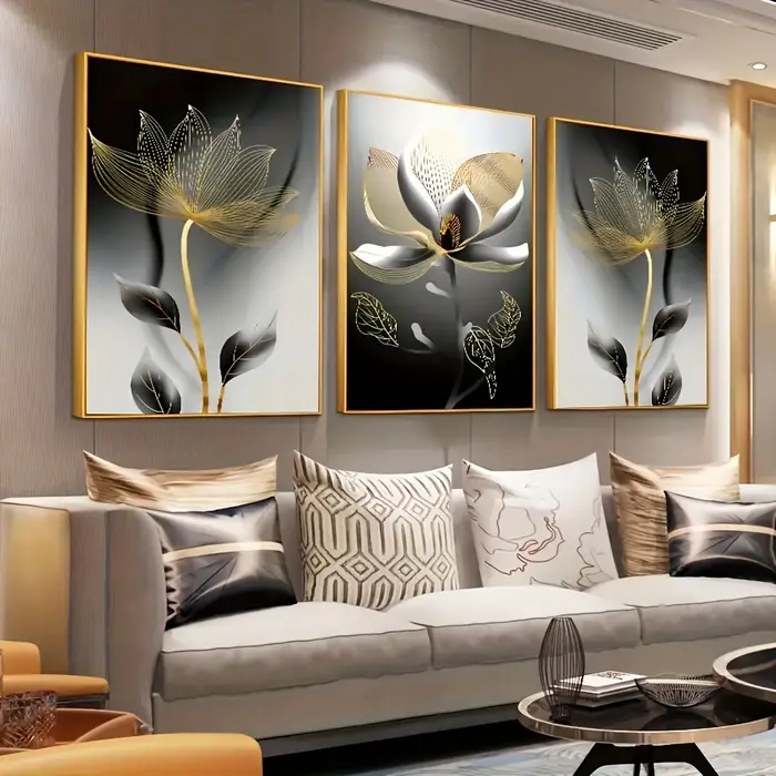 Impressions sur toile d'art floral surdimensionnées de luxe moderne 3 pièces-Design de fleur de lotu