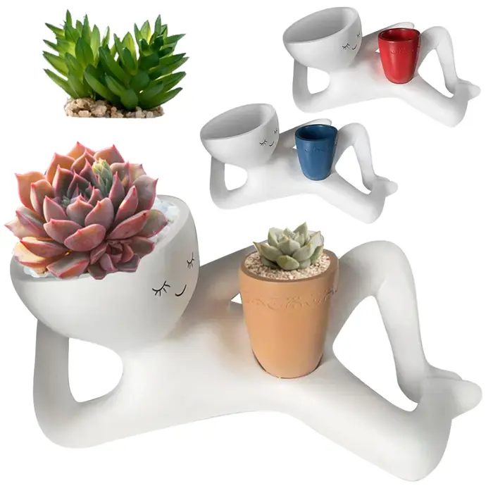 Pot de fleurs amusant en résine « Lazy Guy » avec trou de drainage, figurine unique allongée, pots à succulentes pour la décoration de la maison et du jardin