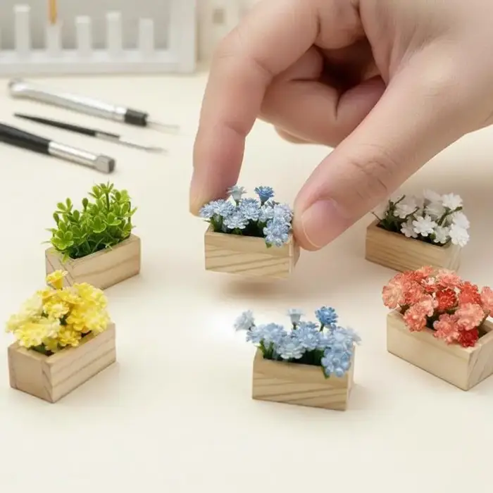 Fleur artificielle miniature en pot dans une boîte en bois, plante réaliste pour la décoration de bureau et d'étagère