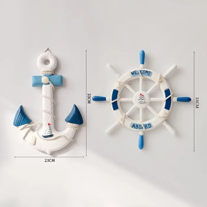 Lot de 2 gouvernails et ancre de bateau en bois nautique avec corde
