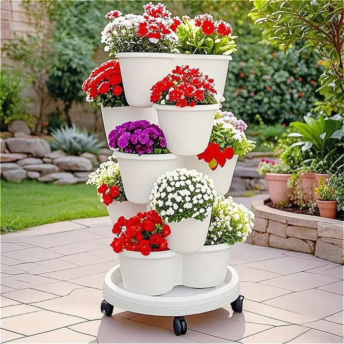 Nouveau pot de fleurs vertical empilable en plastique avec roulettes mobiles