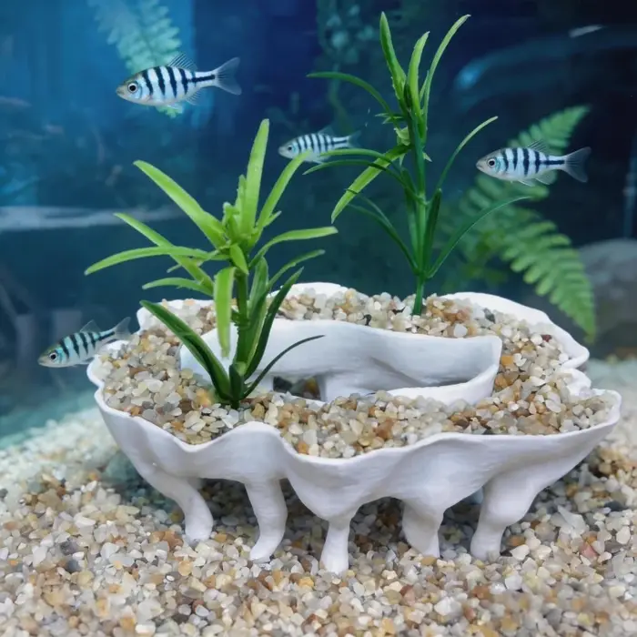 Plantes d'aquarium imprimées en 3D en forme de racines d'arbre, avec des pots de fleurs servant également de décorations d'aquarium
