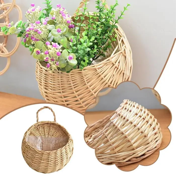 Panier mural suspendu en rotin tressé fait main pour fleurs et plantes L9O2
