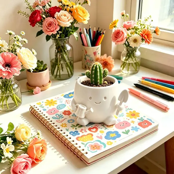 Mini pot de fleurs créatif en forme de jardinier de dessin animé avec visage souriant, ornement de bureau créatif, décoration pour la maison et le bureau, cadeau pour ami.