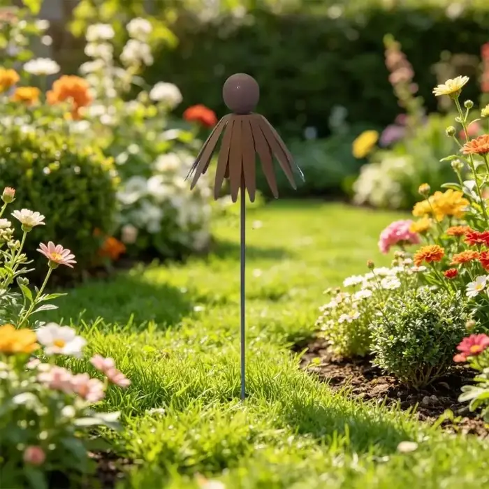 Sculpture plante en fer sur piquet d'art jardin en échinacée rouillée