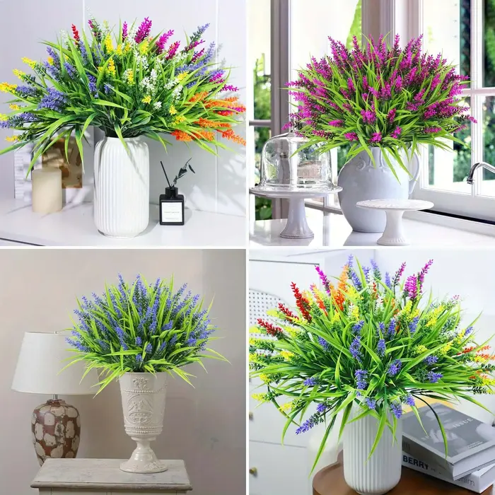 12 paquets d'herbe de lavande et de singe artificielle-arbustes verts en plastique résistant aux UV pour la décoration extérieure de jardin de maison