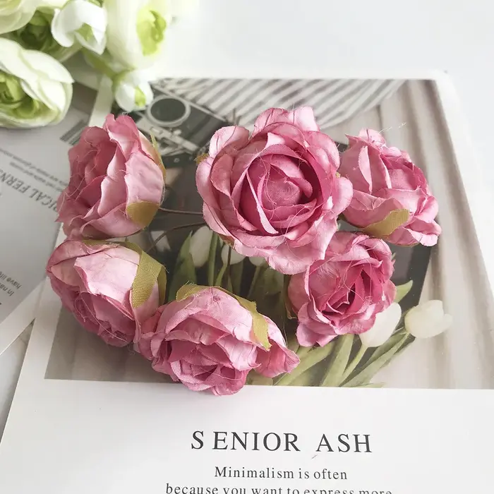 Bouquet de 6 petites roses artificielles rétro en rayonne de style européen pour mariage