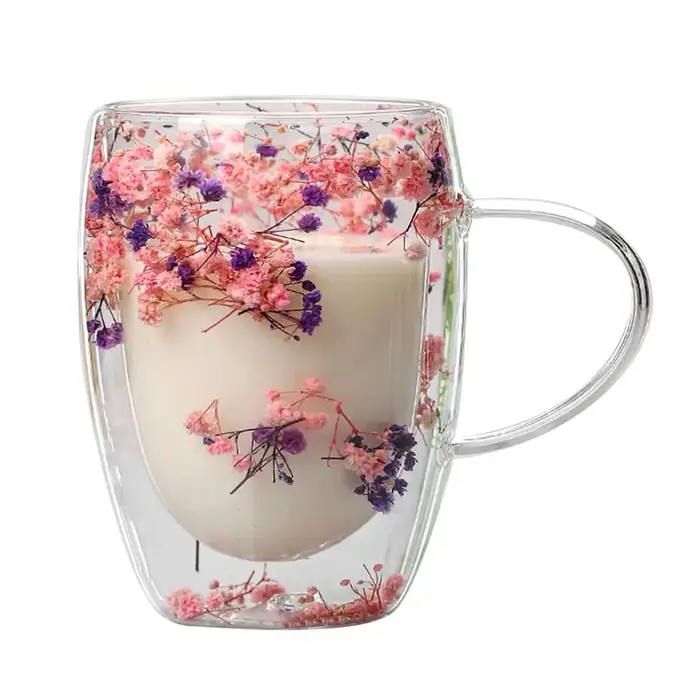Tasse en verre à double paroi avec fleurs séchées, tasse à café créative, fleur décorative, 350ml