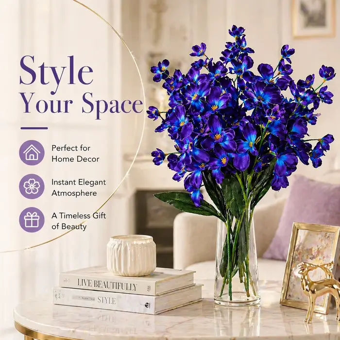 5 pièces de fleurs d'orchidées artificielles violettes et bleues de 27 pouces pour bouquet de mariage