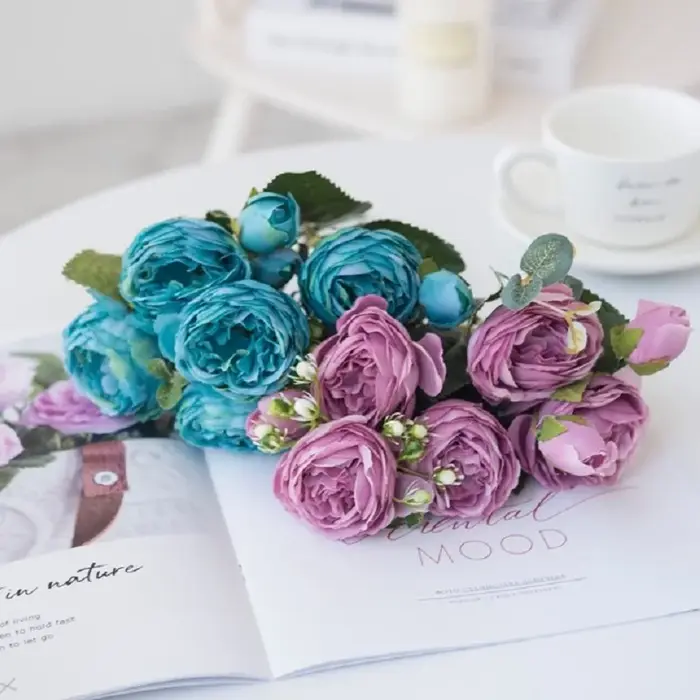 1 Bouquet de 9 Têtes de Fleurs Artificielles en Soie (Pivoine