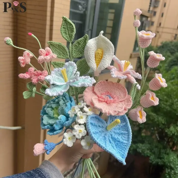 Bouquet de fleurs artificielles au Crochet, fait à la main, de luxe, pivoine, tulipe, Rose, fausses 