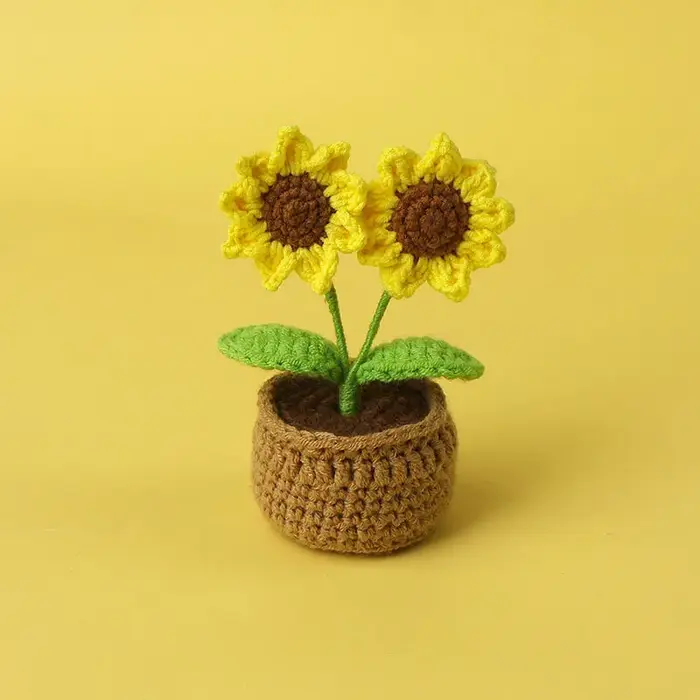 Kawaii Crochet tournesols tricot Pot de fleur Finnshed plante faite à la main voiture Table décor faux tournesol Flores