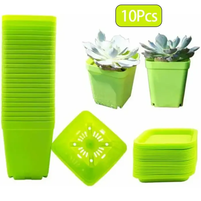 Ensemble de 10 pots de fleurs carrés en plastique avec trous de drainage et plateaux