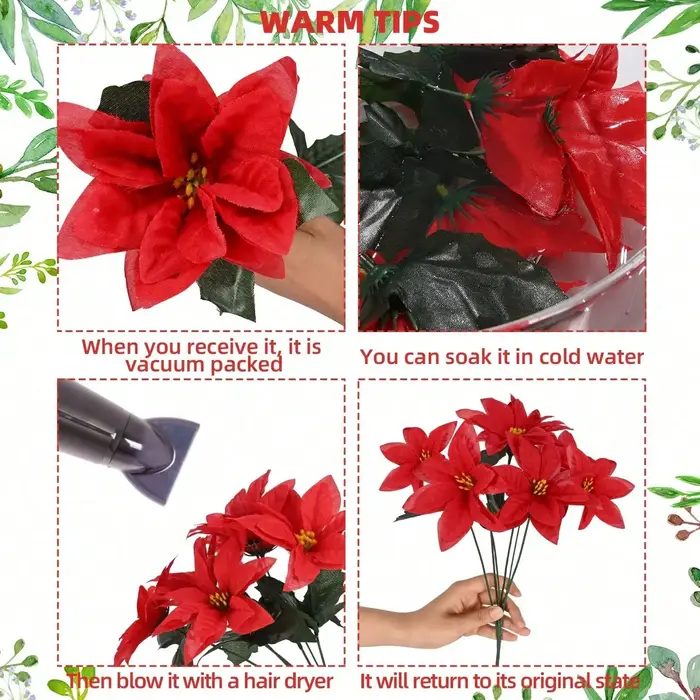 4 pièces de fleurs artificielles de poinsettia, 7 têtes de poinsettia en velours, 13,4 pouces, fleurs de Noël artificielles, poinsettia artificiel
