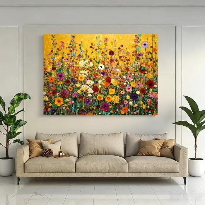 Peinture sur toile de fleurs abstraites, art mural floral vibrant, Gustav Klimt, fleurs sauvages colorées, affiche imprimée pour salon et bureau