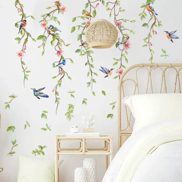 Autocollant mural Branches fleurs oiseaux