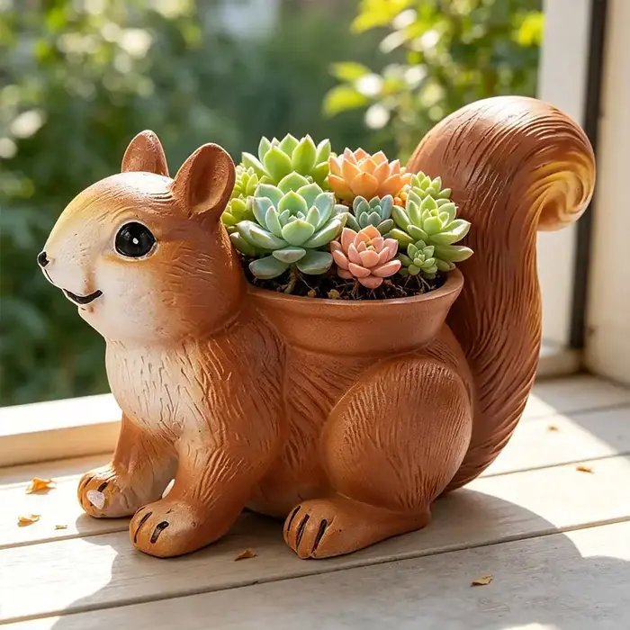 Pot de fleurs en résine en forme d'écureuil, fait main, mignon, pour plantes succulentes, ornement d'écureuil, boîte de rangement de bureau, plantes de balcon