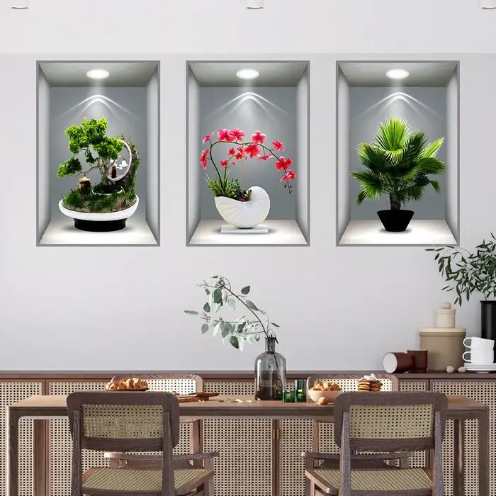Autocollants de plantes en pot auto-adhésifs, simulation 3D, effets de fleurs, décoration de couloir