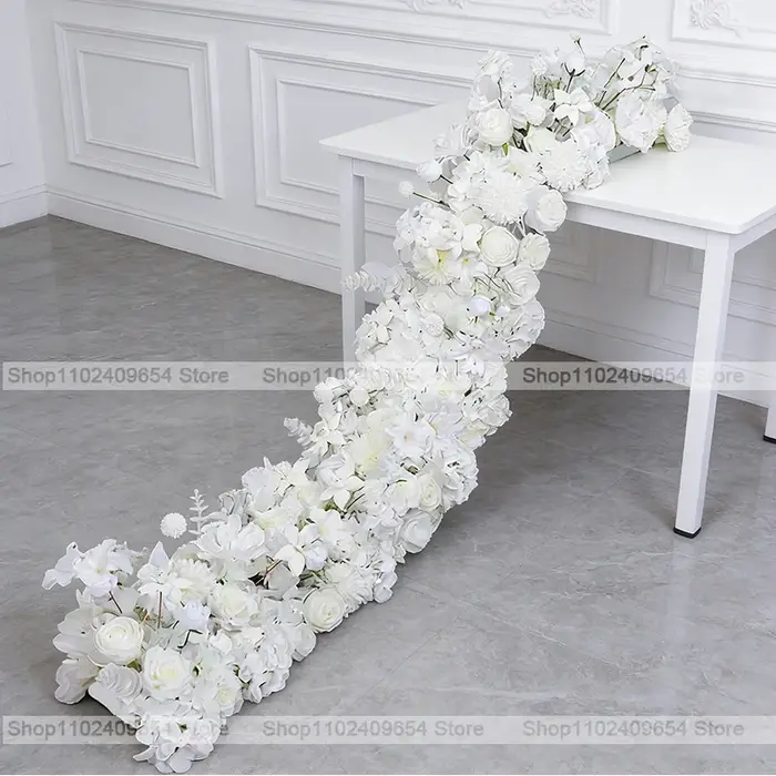 200/50cm Guirlande de fleurs artificielles de roses blanches de luxe pour centre de table de mariage
