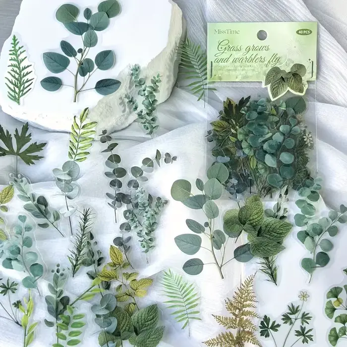 1 paquet de 40 autocollants décoratifs en PET en forme de feuilles de plantes vertes pour scrapbooki