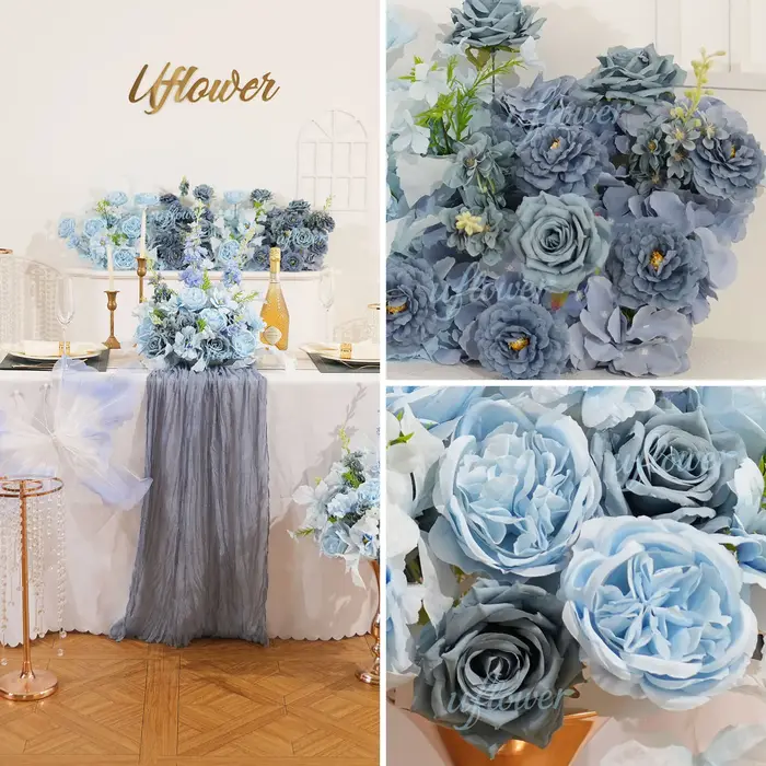 Rangée de roses artificielles bleues de luxe Uflower pour arrangement floral de mariage, toile de fond de scène de fête, photomaton, décoration d'anniversaire