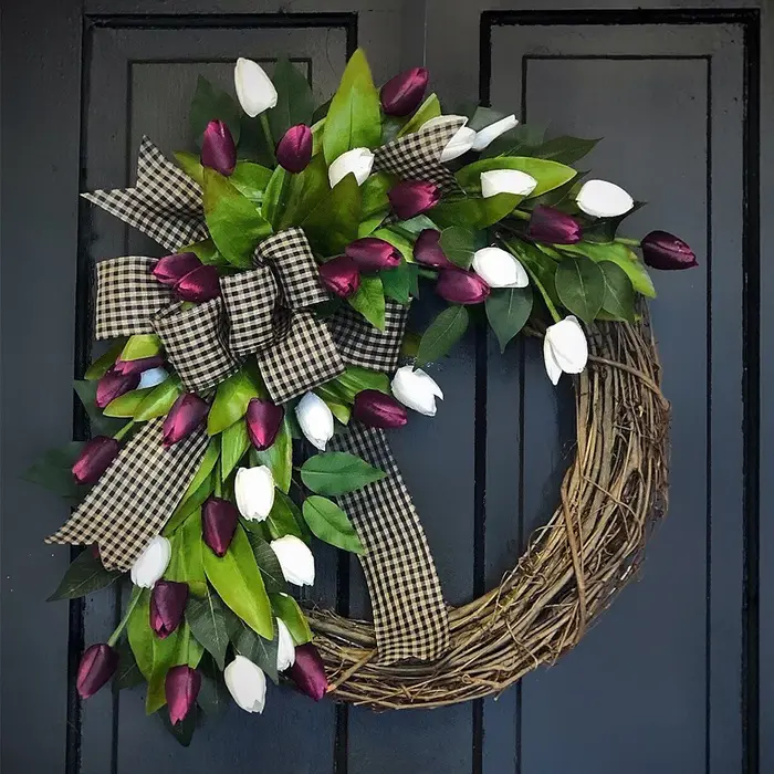 Couronne de tulipes de printemps, décoration à suspendre à la porte, pendentif décoratif pour la mai