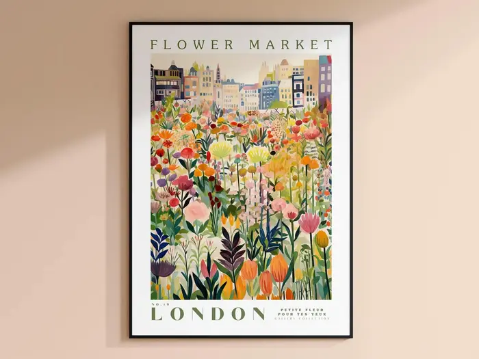Flower Market London Print, Art de voyage de Londres, grand affiche moderne, art mural botanique, ar