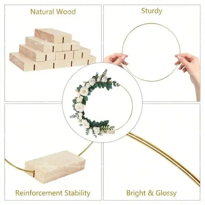 Lot de 5 cerceaux floraux en fil doré avec base en bois pour décoration de centre de table de mariage DIY